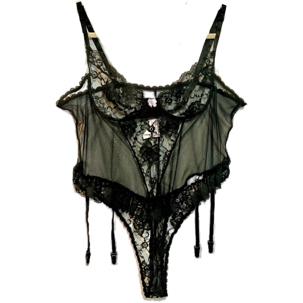 VINTAGE 80s black lace nylon lingerie‎ negligee teddy teddie garters plus size